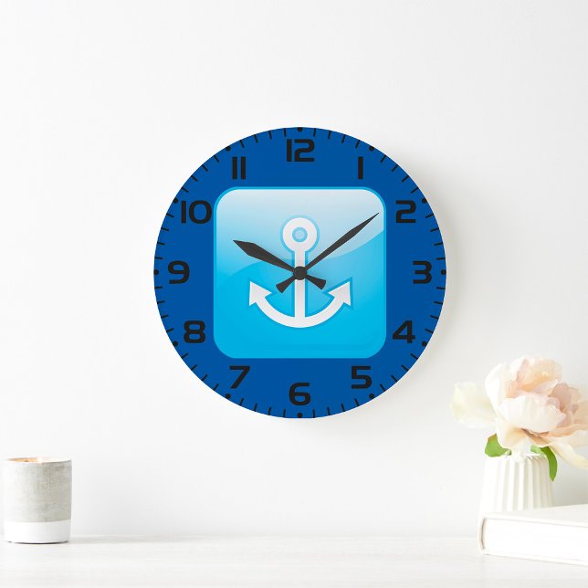 Nautical Blue Anchor Icon Modern Maritime Stor Klocka (Skapare uppladdad)
