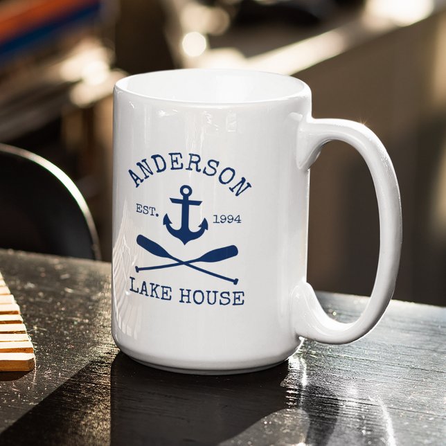 Nautical Blue Anchor Oars Sjö House Namn Large Kaffemugg (Customize to change text size or color.)