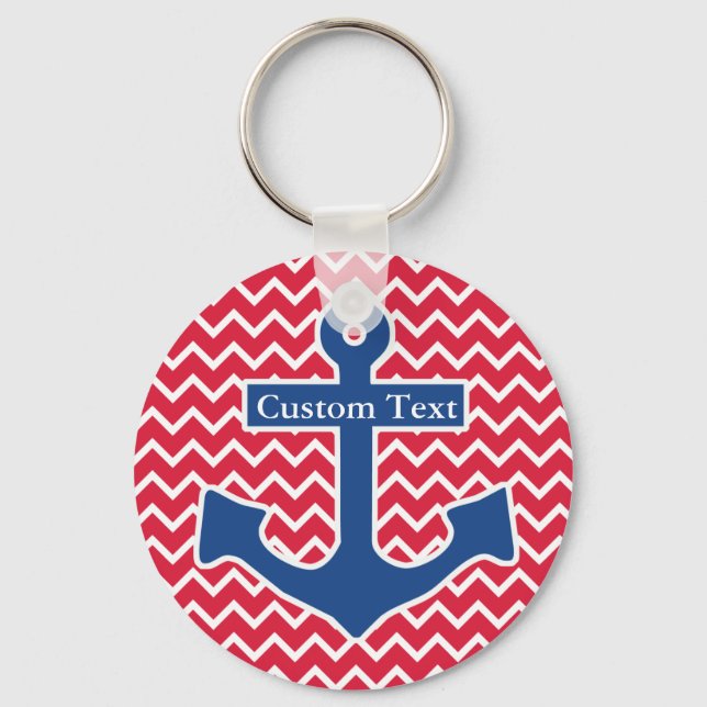 Nautical Blue Anchor på Red Chevron Background Nyckelring (Framsida)
