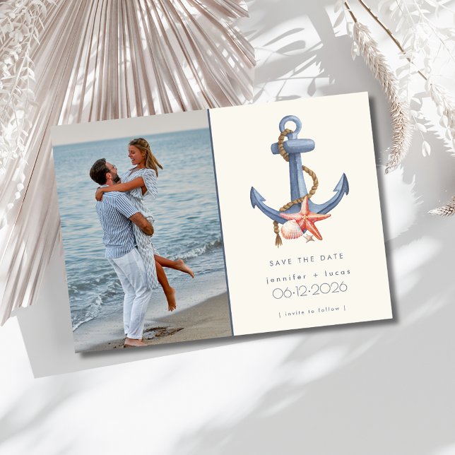 Nautical Blue Anchor Photo Beach Wedding Spara Datumet (Nautical Blue Anchor Photo Beach Wedding Save The Date)