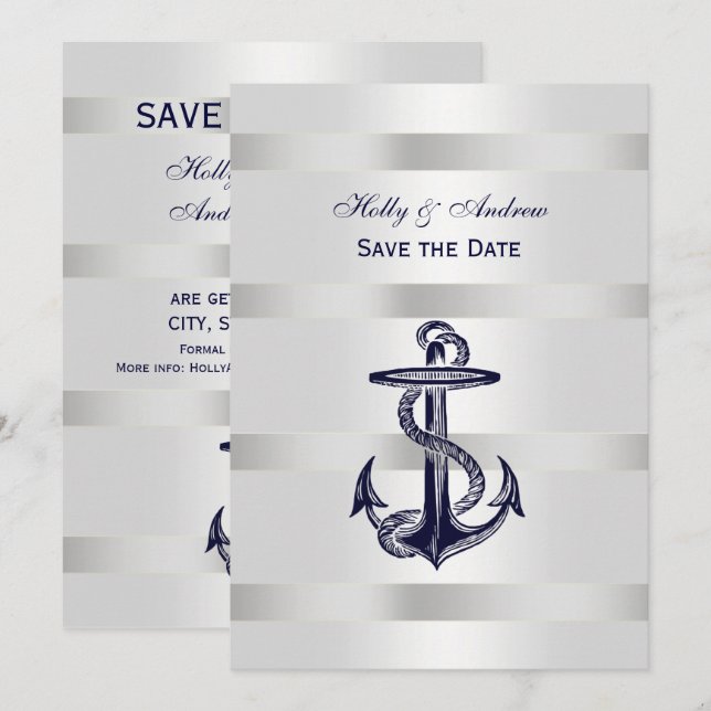 Nautical Blue Anchor Silver Vikt BG V Save the Dat Inbjudningar (Fram/baksida)