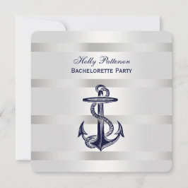Nautical Blue Anchor Silver Wt BG SQ Bachelorette Inbjudningar