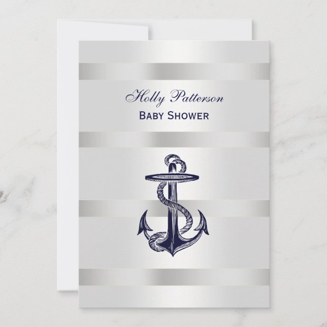 Nautical Blue Anchor Silver WT BG V Baby Shower Inbjudningar (Framsida)