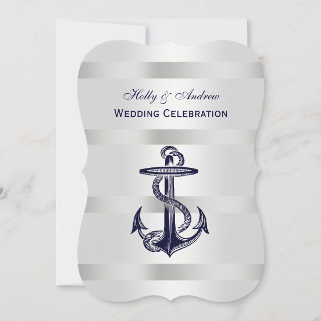 Nautical Blue Anchor Silver WT BG V Bröllop Inbjudningar (Framsida)
