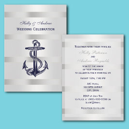 Nautical Blue Anchor Silver WT BG V Bröllop Inbjudningar