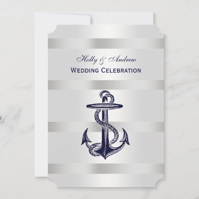 Nautical Blue Anchor Silver Wt BG V Bröllop T Inbjudningar (Framsida)