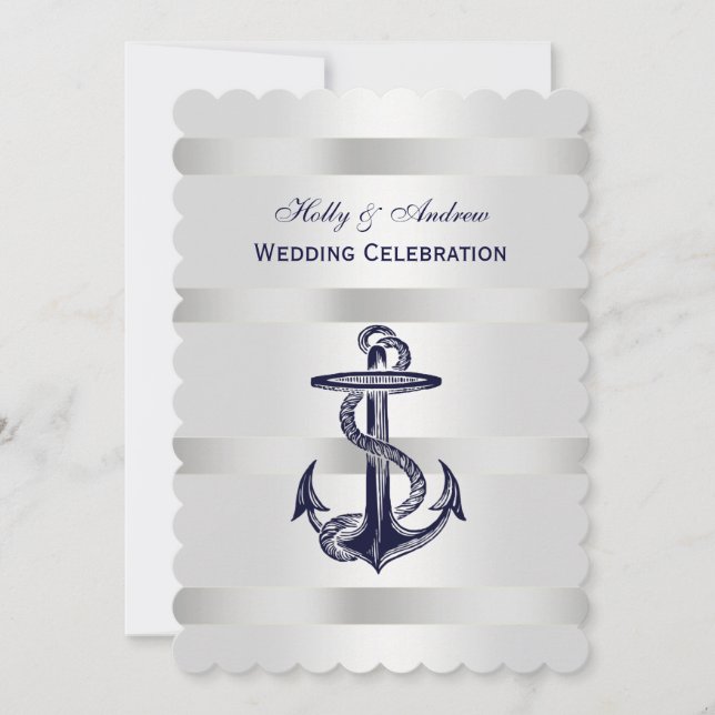 Nautical Blue Anchor Silver Wt BG V Bröllop T Inbjudningar (Framsida)