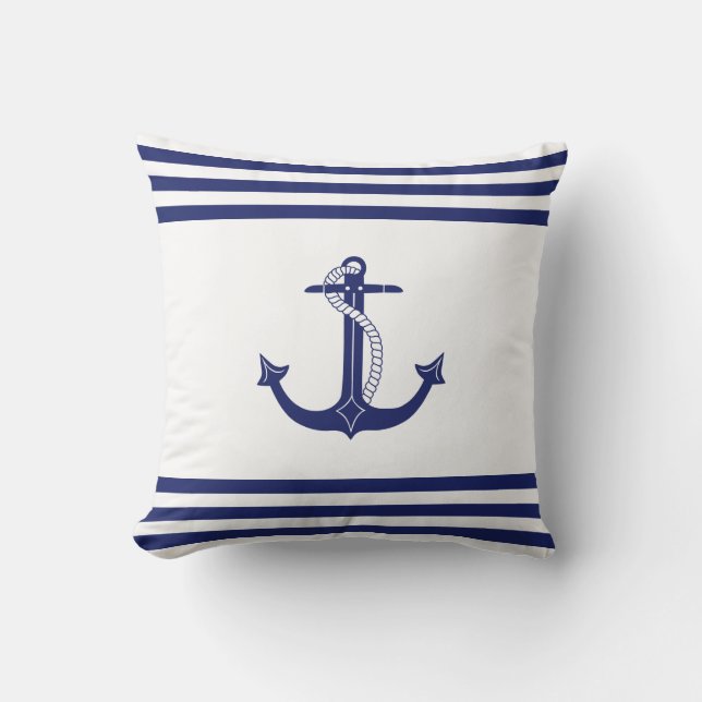 Nautical Blue Anchor Simple Navy and White Rand Kudde (Framsida)