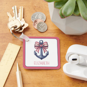 Nautical Blue Anchor with Red and White Rand Bow Nyckelring