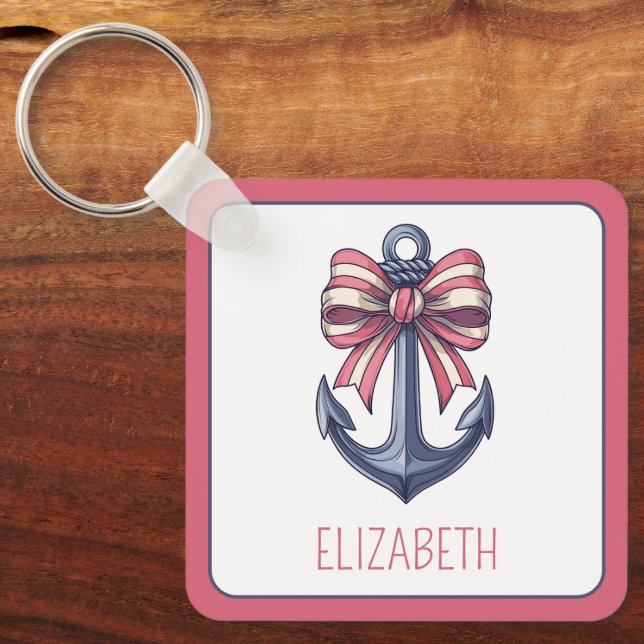 Nautical Blue Anchor with Red and White Rand Bow Nyckelring (Framsida)
