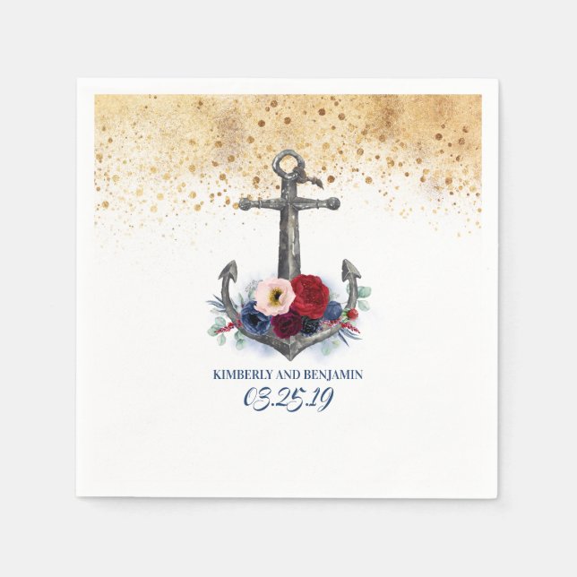 Nautical Blue and Burgundy Red Blommigt Anchor Nau Pappersservett (Framsidan)