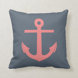 Nautical Blue and Coral Anchor Nautical Kudde