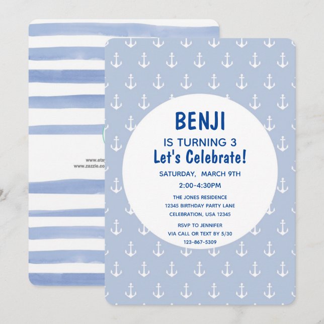 Nautical Blue and Navy Anchor Birthday Inbjudningar (Fram/baksida)