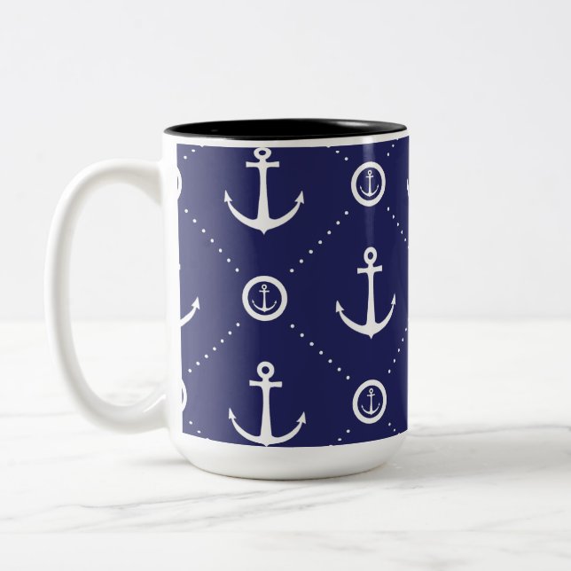 Nautical Blue and White Anchor Pattern Mug Två-Tonad Mugg (Vänster)