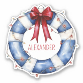 Nautical Blue and White Life Preserver and Red Bow Klistermärken