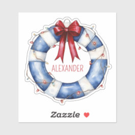 Nautical Blue and White Life Preserver and Red Bow Klistermärken