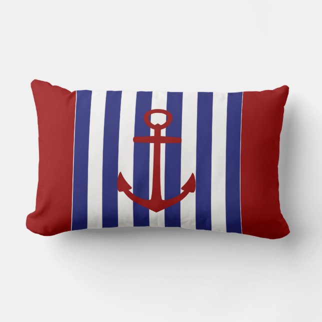 Nautical Blue and White Rand med Red Anchor Lumbarkudde (Framsida)