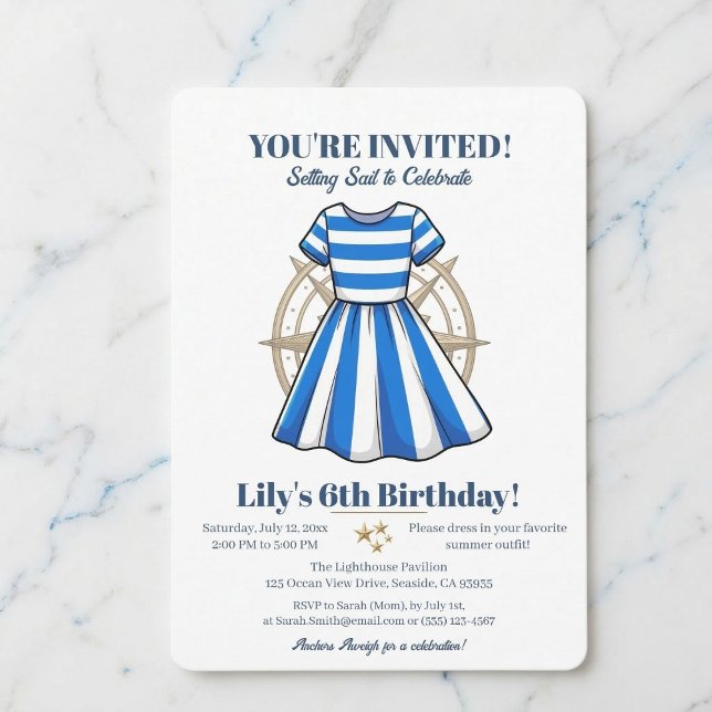 Nautical Blue And White Sailor Dress Party Invite Inbjudningar (Gather your crew for a special birthday.)