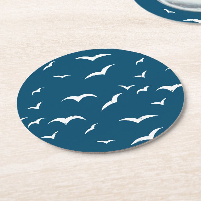 Nautical Blue and White Sea Bird Patterned Underlägg Papper Rund (Vinklad)