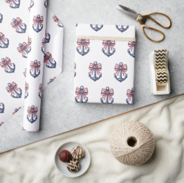 Nautical Blue Ankar Med Röd Och Vit Randig Rosett Presentpapper