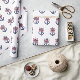 Nautical Blue Ankar Med Röd Och Vit Randig Rosett Presentpapper
