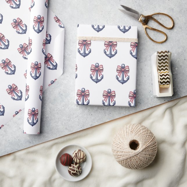 Nautical Blue Ankar Med Röd Och Vit Randig Rosett Presentpapper (Hantverk)