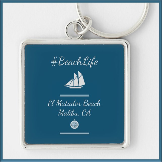 Nautical Blue Anpassade Beach Life Fyrkantig Silverfärgad Nyckelring (Skapare uppladdad)