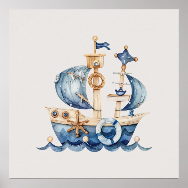 Nautical Blue Baby Boy Segelfartyg Poster (Framsidan)