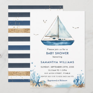 Nautical Blue Båt Baby Shower Inbjudningar