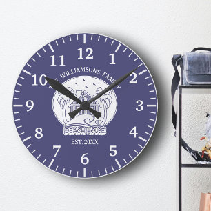 Nautical Blue Beach House White Family Namn, somma Rund Klocka