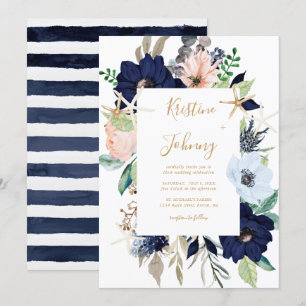 Nautical Blue Blommigt Guld Starfish Stripe Bröllo Inbjudningar