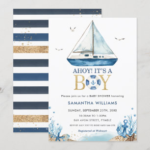 Nautical Blue Boat Ahoy Det är en pojkvän-babyskor Inbjudningar
