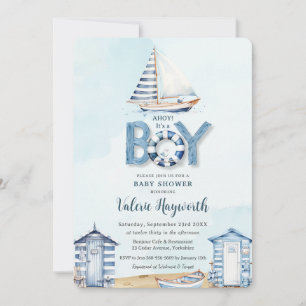 Nautical Blue Boat Beach Huts Boy Shower Inbjudningar