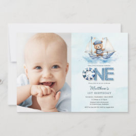 Nautical Blue Boat Nalle 1:a födelsedagsfoto Inbjudningar