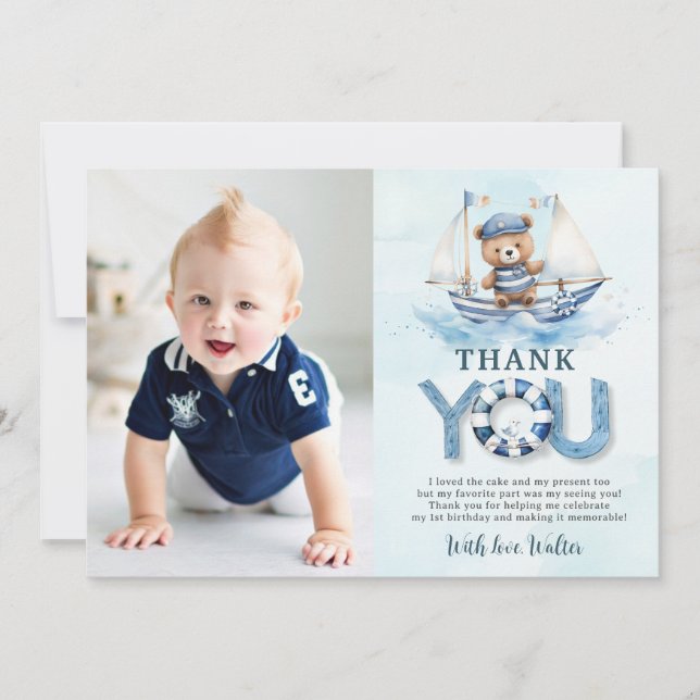 Nautical Blue Boat Nalle Boy Birthday Photo Tack Kort (Framsida)