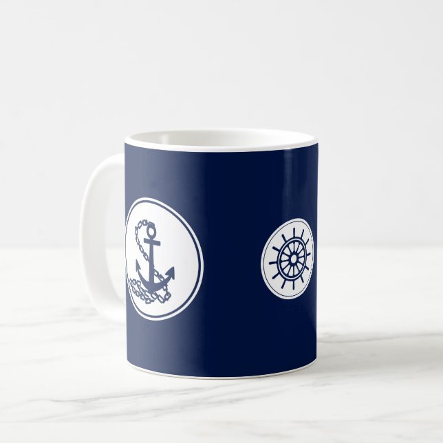 Nautical Blue Coffee Mugg, Anchor and Frakts Wheel Kaffemugg (Framsida vänster)