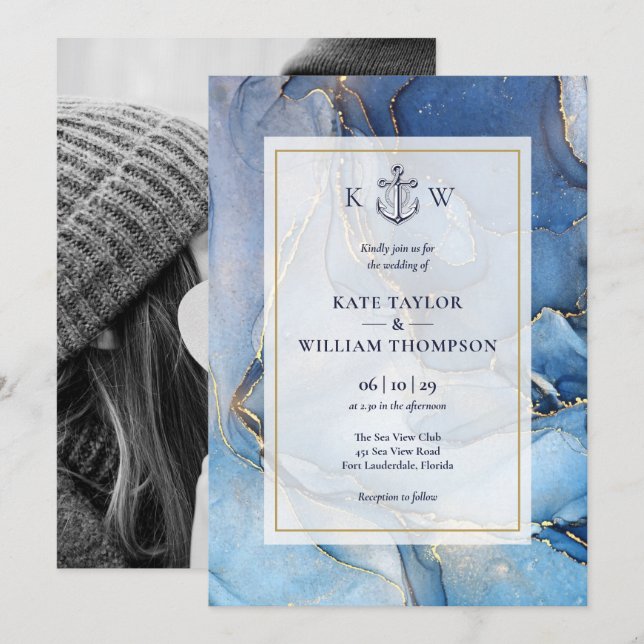 Nautical Blue Gold Agate Monogram Bröllopsfoto Inbjudningar (Fram/baksida)