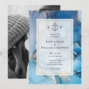 Nautical Blue Gold Agate Monogram Bröllopsfoto Inbjudningar