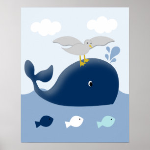 Nautical Blue Grått Whale Nursery Art Skriv ut Poster
