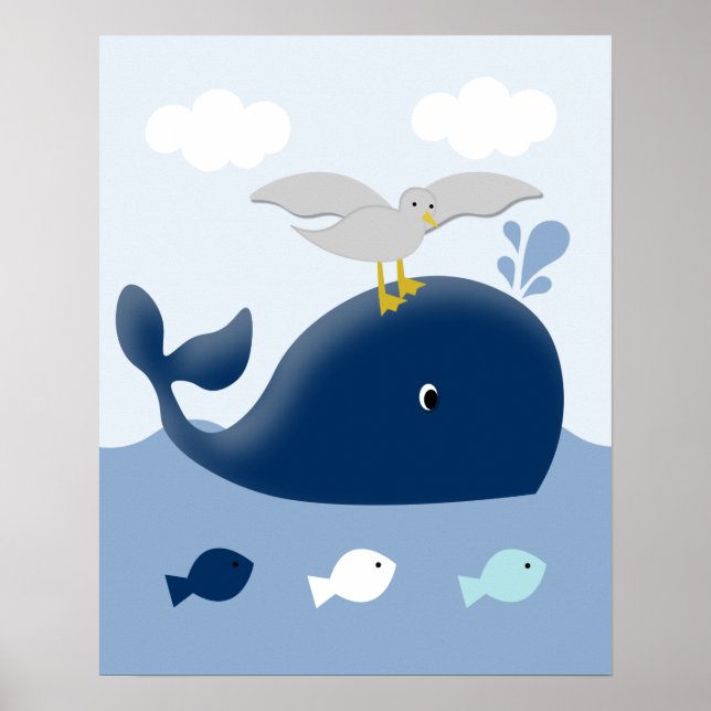 Nautical Blue Grått Whale Nursery Art Skriv ut Poster (Framsidan)