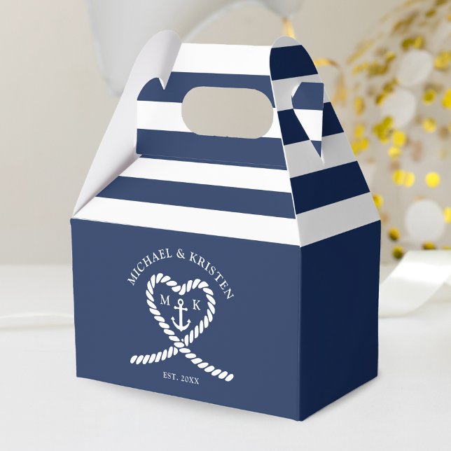 Nautical Blue Heart Anchor Stripe Bröllop Presentaskar (Nautical Blue and White Rope Heart Anchor Striped Monogram Wedding Favor Box)