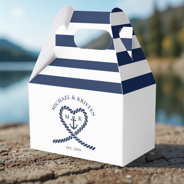 Nautical Blue Heart Anchor Stripe Bröllop Presentaskar (Nautical Blue Heart Anchor Striped Wedding Favor Boxes
)