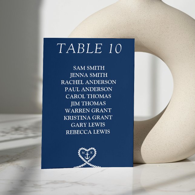 Nautical Blue Heart Monogram Bröllop-sätesdiagram Bordsnummer (Nautical Blue Heart Monogram Wedding Seating Chart Table Number)