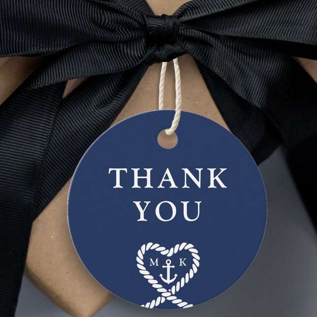 Nautical Blue Heart Monogram Bröllop Tack Gåvor Etiketter (Nautical Blue Heart Monogram Wedding Thank You Favor Tags)