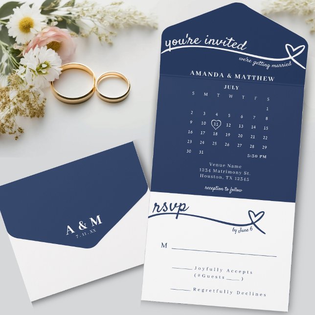Nautical Blue Heart Monogram Calendar Bröllop (Nautical Blue Heart Monogram Calendar Wedding All In One Invitation
)