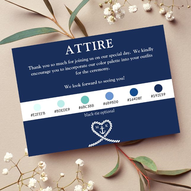 Nautical Blue Heart Rope Monogram Bröllop Attire Tilläggskort (Nautical Blue Heart Rope Monogram Wedding Attire Enclosure Card)