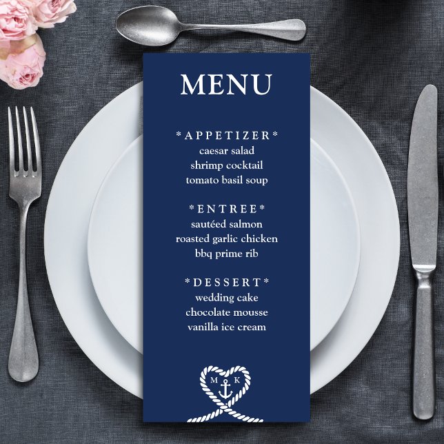 Nautical Blue Heart Rope Monogram Bröllop Meny (Nautical Blue Heart Rope Monogram Wedding Menu)
