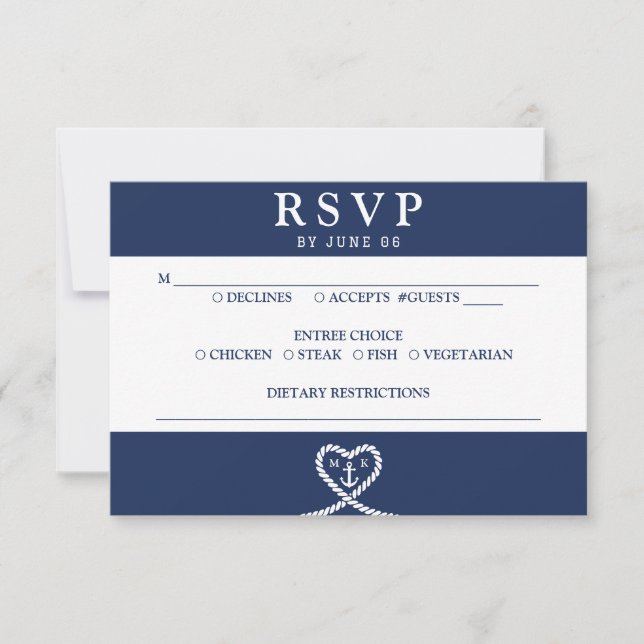 Nautical Blue Heart Rope Monogram Bröllop OSA Kort (Framsida)
