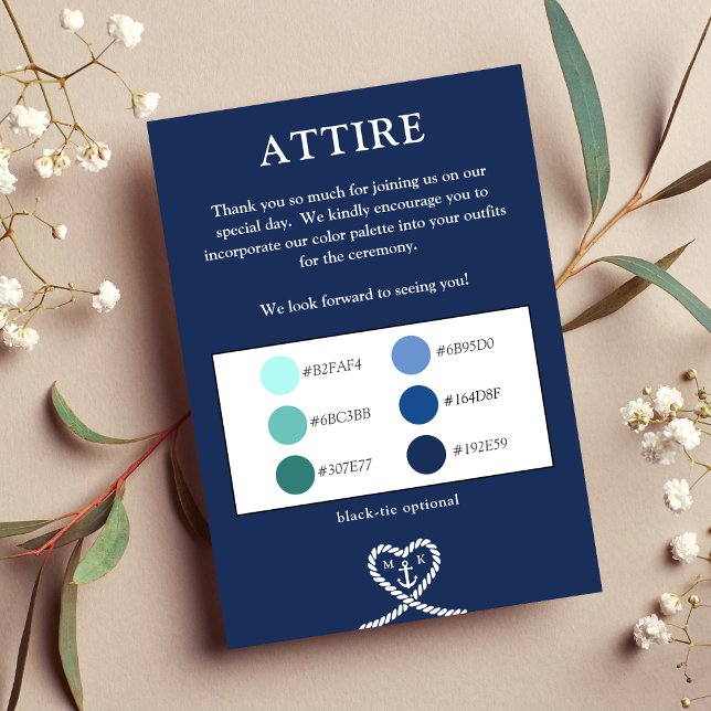 Nautical Blue Hjärtfärgpalett Bröllopskläder Tilläggskort (Nautical Blue Heart Color Palette Wedding Attire Enclosure Card)