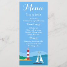 Nautical Blue Menu Sailboat-& Lighthouse Bröllop